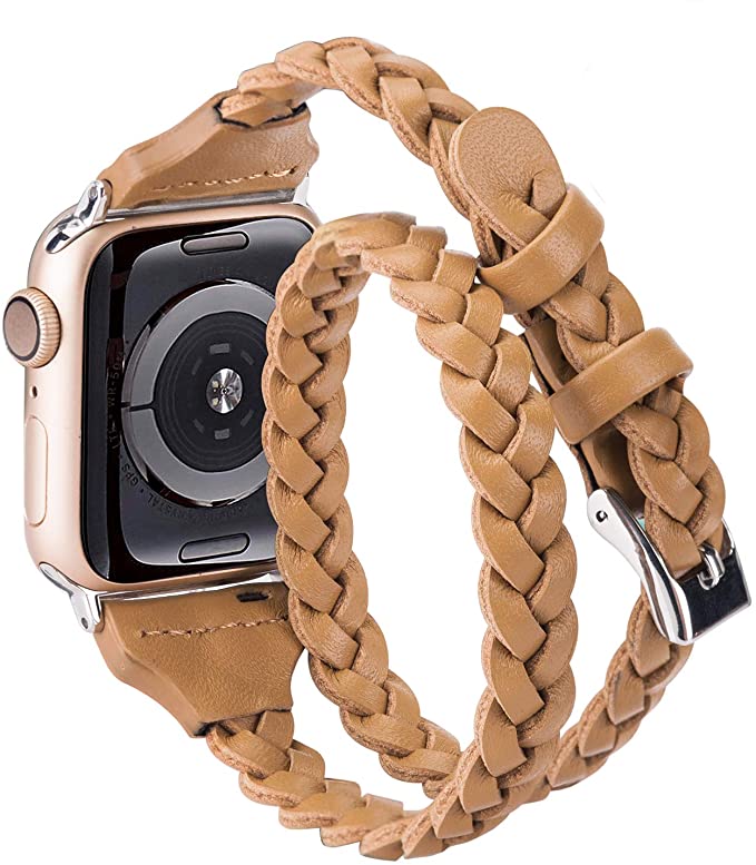 Moolia Double Leather Band Compatible with Apple Watch 38mm 40mm, Women Girls Woven Slim Leather Watch Strap Double Tour Bracelet Replacement for iWatch Series 6 5 4 3 2 1 (Light Brown, 38mm/40mm)