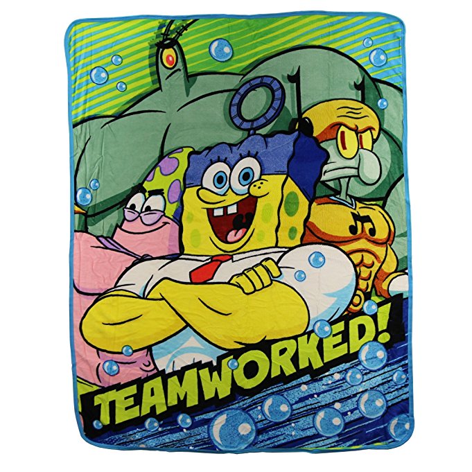 Kids Super Plush Sherpa Throw Blanket, 46x50-Inch (Spongebob Squarepants "Teamworked")