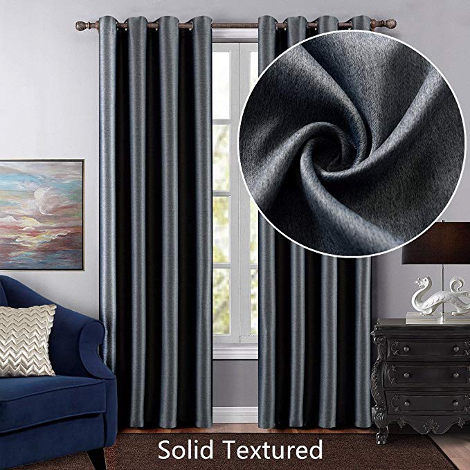 Dreaming Casa Grommet Top Solid Room Darkening Blackout Curtain for Bedroom Metal Textured Window Treatment 96 Inches Long Draperies Grey 1 Panel 52" W x 96" L