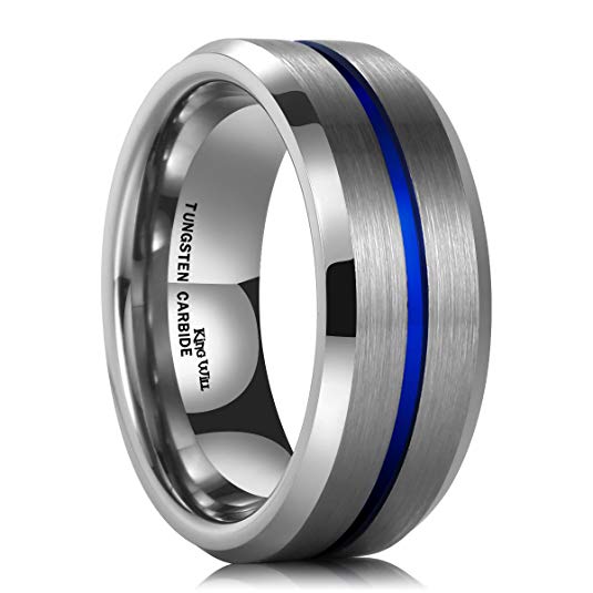 King Will 8mm Thin Blue Groove Matte Brushed Tungsten Carbide Ring Wedding Band High Polish Comfort Fit