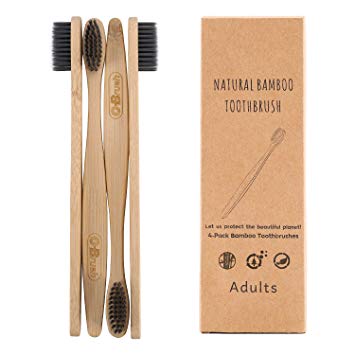 OBrush Bamboo Charcoal Toothbrush, Eco-friendly Bamboo Toothbrush 4 Pack with Charcoal Bristles Bamboo Tooth Brush Biodegradable Handle with Medium Soft Nylon Bristles Set of 4