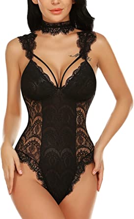 Avidlove Snap Crotch Lingerie Teddy for Women Strappy Lace Bodysuit with Chocker