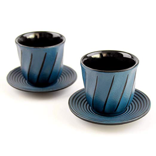 Teacup and Saucer Cup Set, TOPTIER Japanese Traditional Enameled Cast Iron Tea Cups [Coffee & Tea] with Cup Mat Pad Classic Art Wave Drinkware Tea Accessory [Set of 2] for Men Women Gifts, Blue