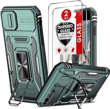 LeYi for iPhone 8 Case: iPhone 7 Case: iPhone SE 2022 Case with Slide Camera Cover   [2 Packs] Tempered Glass Screen Protector, Full Body Military-Grade Case with Kickstand for iPhone 8, Alpine Green