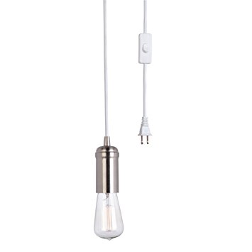 Globe Electric 1-Light Vintage Edison Plug-In Mini Pendant, White Cord, Brushed Steel Socket, In-Line On/Off Rocker Switch, 1x A19 60W Bulb (sold separately), 12592