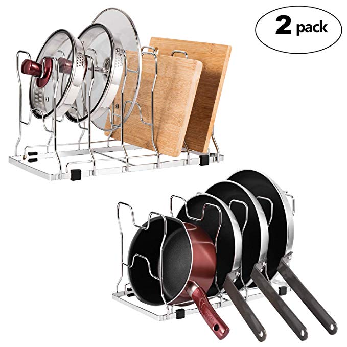 Nandae 2 Pack Pan Pot Lid Organizer Rack Holder, Adjustable Kitchen Cabinet Pantry Rack Countertop Pantry Storage Holder, Chrome
