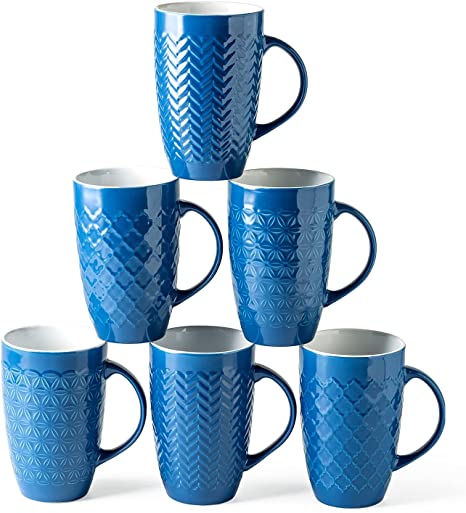 AmorArc Large Coffee Mugs Set of 6, 20oz Porcelain tall Coffee Mugs Set with Textured Geometric Patterns for Coffee/Tea /Beer/Hot Cocoa, Dishwasher & Microwave Safe, Navy