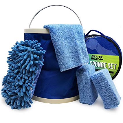 Boat Cleaner Microfiber Sponge Bucket and Microfiber Wash Cloths | Interior Exterior Seats and Fiberglass Hull Cleaning Kit Washing Sponges