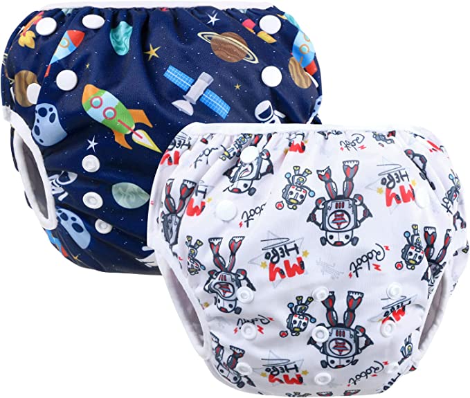 Vicloon Reusable Swimming Nappy, 2 Packs Baby Swim Nappy Comfortable Swim Nappies, Adjustable Size Washable Nappy for Swimming Lessons/Holiday 0-3 Years Old (Universe/Robot)