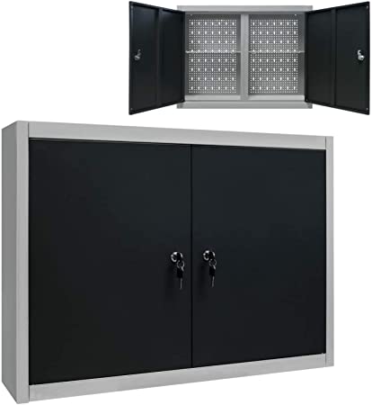 Festnight Tool Cabinet Wall Mounted Lockable Metal Tool Storage with Adjustable Storage Shelves and Euro Holes Industrial Style 31.5 x 7.5 x 23.6 Inches