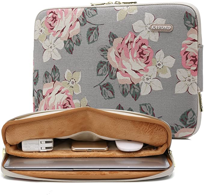 KAYOND Gray Rose Pattern Water-resistant 12.5 inch 13 inch Canvas laptop sleeve with pocket for 13.3 inch laptop case macbook air pro 13 sleeve ipad 12.9 (13-13.3 Inch, Gray Rose)