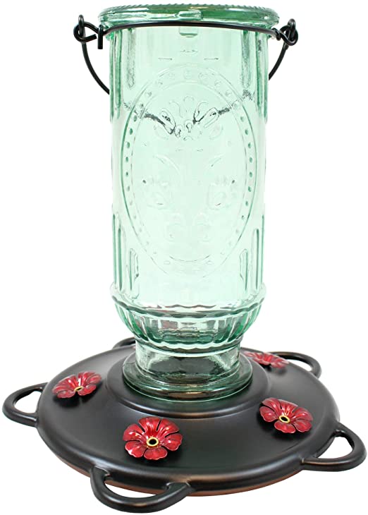 More Birds Vintage Hummingbird Feeder, Antique Glass Bottle, 5 Feeding Ports and 20-Ounce Nectar Capacity