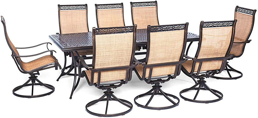 Hanover MANDN9PCSWSQ-8 Manor 9 Piece Dining Set with Large Square Table and Eight Swivel Rockers Outdoor Furniture, Brown