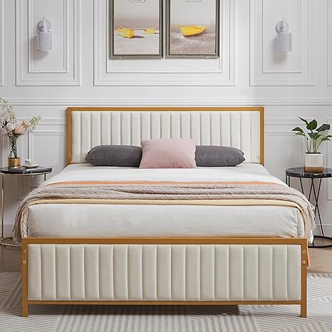 VECELO Full Size Bed Frame with Upholstered Tufted Headboard & Footboard, Heavy Duty Steel Slats Platform, No Box Spring Needed, Gold