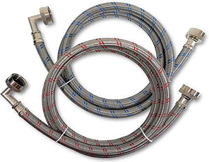 Premium Stainless Steel Washing Machine Hoses with 90 Degree Elbow, 8 Ft Burst Proof (2 Pack) Red and Blue Striped Water Connection Inlet Supply Lines - Lead Free