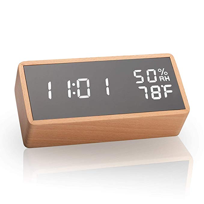 meross Digital Alarm Clock with 3 Sets of Alarms, Display Time Temperature Humidity, Pure Wood Housing, Sound Control Function