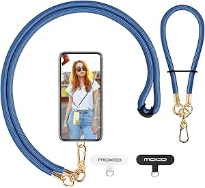 MoKo Crossbody Phone Lanyard, Adjustable Cell Phone Lanyard, Premium 8mm Thick Rope Mobile Phone Lanyard for iPhone, Samsung,and More | Phone Neck Strap×1, Wrist Strapx1, Lanyard Patch×2, Lake Blue