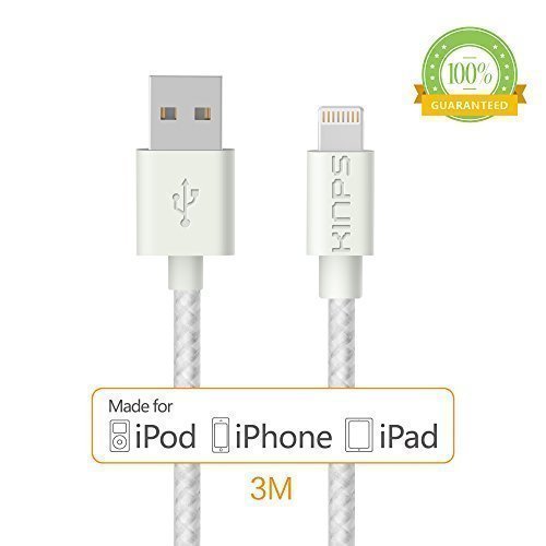 Apple MFi Certified]Kinps® 10ft/3m Nylon Braided Apple Lightning Cable - Super Long 8 pin USB Cable Sync Charger Data Cord for Apple iPhone 5 / 5s / 5c / 6 / 6 Plus, iPod 7, iPad mini / mini 2/ mini 3, iPad Air / iPad Air 2