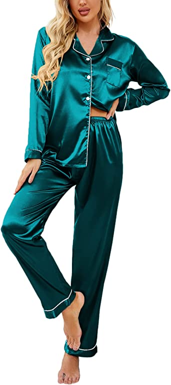 Ekouaer Women's Satin Pajama Set Classic Button Down Loungewear Long Sleeve Sleepwear Premium Silk Pjs Set S-XXL