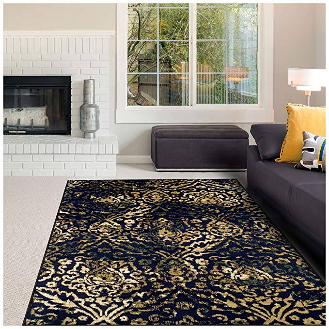 Superior Northman Collection Area Rug, Vintage Ikat Damask Pattern, 10mm Pile Height with Jute Backing, Affordable Contemporary Rugs - Navy Blue, 8' x 10' Rug