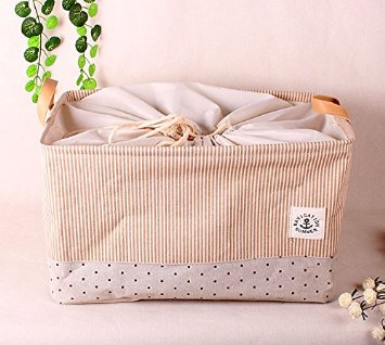 GreenForest Cotton Blend Linen Convenient Folding Storage Bin Basket With Totes,Closet Drawer ,Yellow Strips Polka Do(18.2x12.4x10.8Inches)