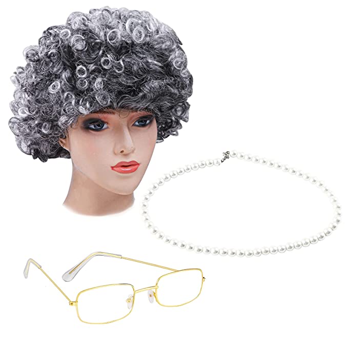 Cooraby 3 Pieces Grey Wig Grandma Wig Granny Glasses Artificial Pearl Necklace Fancy Dress Accessories