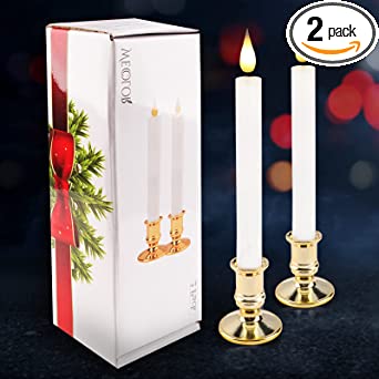 LED Flameless Taper Candles with Remote Timer Battery Operated Flickering Window Candle Lights with Removable Gold Candle Holders Best Gifts for Xmas Wedding Home Dinner Decor Set of 2