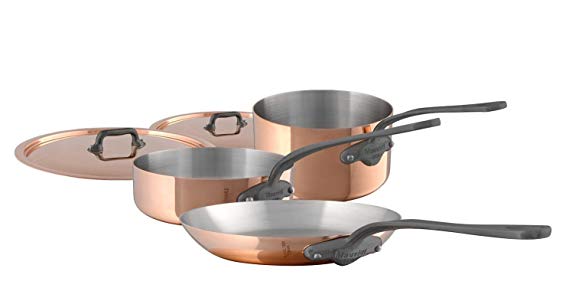 Mauviel M'Heritage M150C 6450.01-5 Piece Copper Cookware Set with Cast Stainless Steel Iron Eletroplated  Handle . Set includes 1.9Qt Sauce Pan w/Lid; 3.5Qt Saute Pan w/Lid and 10.2" Fry Pan