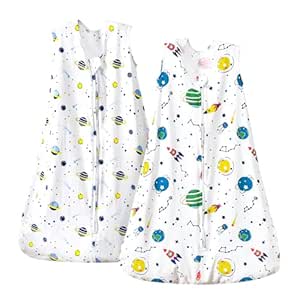 PHF 100% Cotton Baby Sleep Sack, 2-Way Zipper Baby Wearable Blanket, 0-6 Months TOG 0.5 Toddler Sleeping Sack, 2 Pack Sleeveless Soft Sleeping Bags for Baby Boys Girls, Small, Space