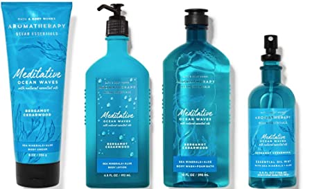 Bath and Body Works Aromatherapy Ocean Essential Meditative Ocean Waves - Deluxe Gift Set - Sea Minerals   Aloe Body Lotion - Body Cream - Essential Oil Mist and Body wash   Foam Bath - Full Size