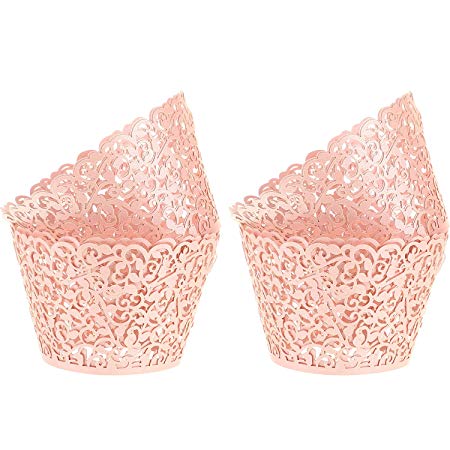 Leinuosen 150 Pieces Cupcake Wrappers Filigree Vine Cupcake Wraps Lace Cupcake Liners for Wedding Birthday Baby Shower Parties Decoration (Pink)