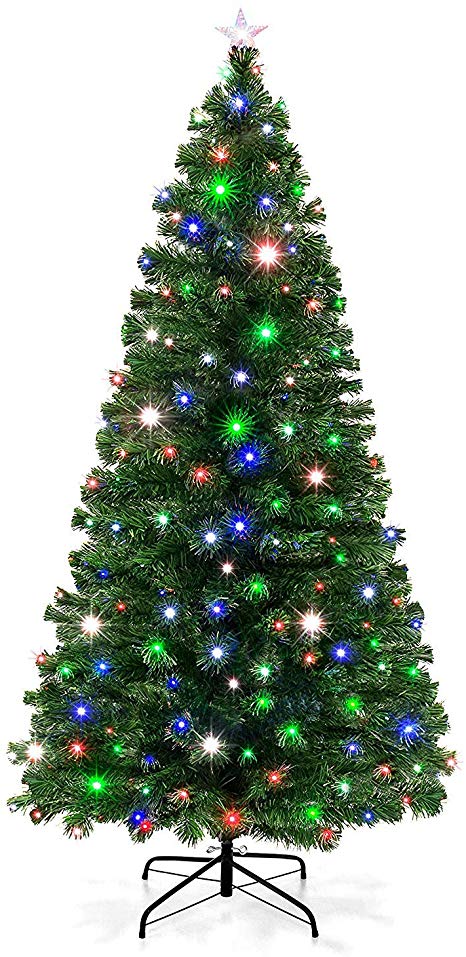 YOUKE Fibre Optic Christmas Tree, Artificial Green Xmas Tree with Metal Stand, Light Snowflakes and Top Star, Multicoloured Christmas Decoration and Gift, with UL-Certified Transformer (280Tips,2.1M)