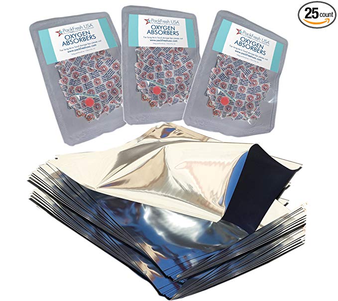 PackFreshUSA One Quart Genuine Mylar Bags with 300cc Oxygen Absorbers with PackFreshUSA LTFS Guide