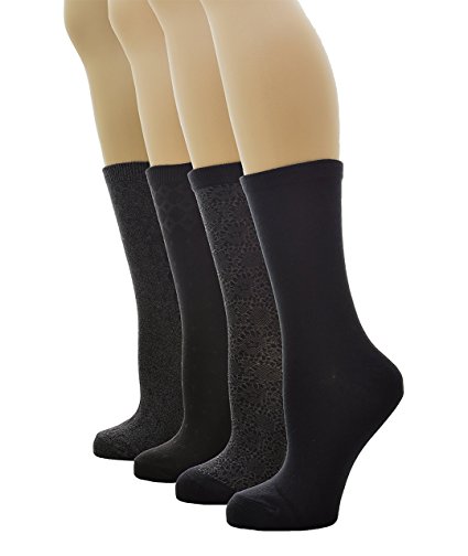 PEDS Women's Classic Solid Black and Black Patterned Crew Socks 4 Pairs