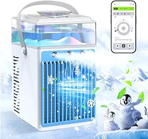 Portable Air Conditioners,4 in 1 Rechargeable Evaporative Personal Air Cooler APP Remote Control Humidifier with 6 Ice Boxes, 3 Speeds Mini AC with LED, Air Conditioner Desktop Cooling Fan for Bedroom