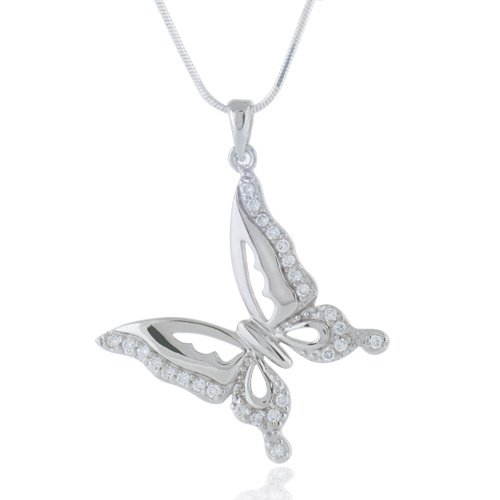 Sterling Silver Cubic Zirconia CZ Butterfly Pendant Necklace 18''