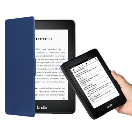 OMOTON Kindle Voyage Smart Case Cover -- The Thinnest and Lightest PU leather Case Cover for the Latest Amazon Kindle Voyage with 6 Display and Built-in Light Classic Navy Blue