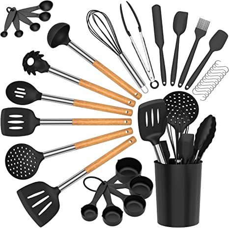 AHNR 33 Pcs Silicone Cooking Utensils Set , 446°F Heat Resistant Kitchen Utensils, Spatula, Spoon, BPA Free Wooden Handle Silicone Kitchen Gadgets Utensil Set with Holder for Non-Stick Cookware Black