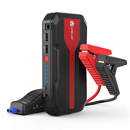 iClever 600A Peak Portable Car Jump Starter (up to 5L gas or 3L diesel Engine), Auto Battery Booster with Dual SmartID Charging Ports and Intelligent Clamps