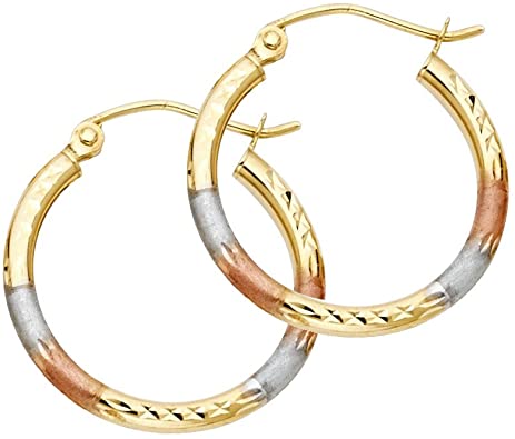 14k REAL Tri Color Gold 2mm Thickness Tube Hoop Earrings - 5 Different Size Available