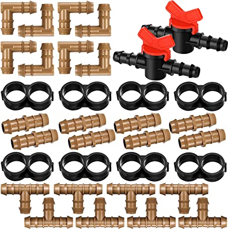 34 Pieces Drip Irrigation Fitting Kit 1/2 Inch Tubing Set, 2 Switch, 8 Tee, 8 Coupling, 8 Elbow and 8 End Cap Plastic Plug, Drip Irrigation Barbed Connector for Compatible Drip or Sprinkler System