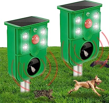 Careland Cat Repellent Outdoor Solar Ultrasonic Deer Repeller Squirrel Deterrent with Bright LED Strobe Lights Get Rid of Bat Bird Dog Skunk Raccoon Rabbit Rodent Repellent for Garden Yard Farm 2 Pack