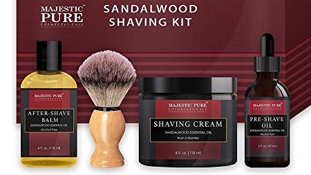 Majestic Pure Shaving Kit, Sandalwood, Includes Pre Shave Oil, Shaving Cream, Badger Shaving Brush, and After Shave Balm (4 Pieces), Perfect gift Set