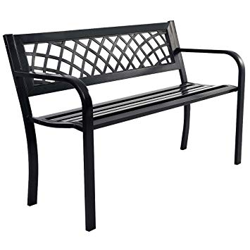 Giantex 50" Patio Garden Bench Loveseats Park Yard Furniture Decor Cast Iron Frame Black (Black Steel W/Metal Mesh Pattern)