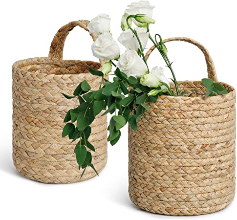 POTEY 730201 2pack Seagrass Woven Hanging Basket - Woven Fern Hanging Storage Basket Bin for Flower Plants Clothes, Brown(Medium Large, Plant NOT Included)