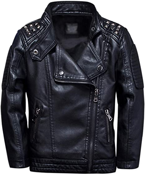 TLAENSON Boys Black Leather Jacket Studded Motorcycle Faux Leather Coat
