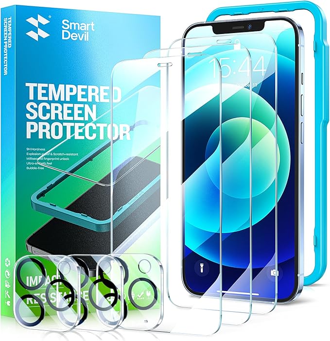 SmartDevil 3 Pack Screen Protector for iPhone 12 Pro with 3-Pack Camera Lens Protector, 9H Clear Tempered Glass Film [Military Grade Shatterproof], Alignment Frame [Easy Installation]