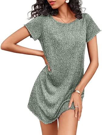 Ekouaer Women's Nightgown Short Sleeve Sleepshirt Rib Knit Soft Sleepwear Pajama Dress