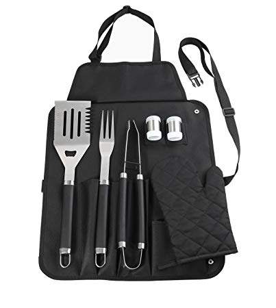 Grilljoy 7PCS BBQ Grill Tools Set, Heavy Duty Stainless Steel Accessories with Apron Storage Bag, Complete Outdoor Grilling Kit for Dad, Birthday Gift for Man