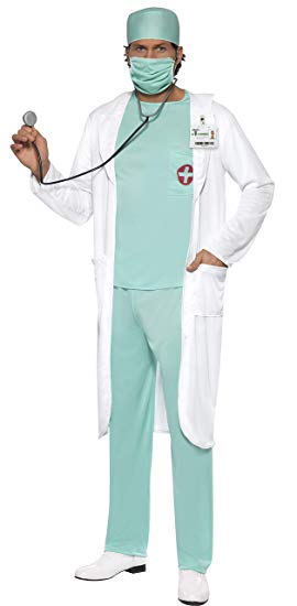 Smiffy's Men's Doctor Costume Top Trousers Hat Mask Clear Name Tag and Coat